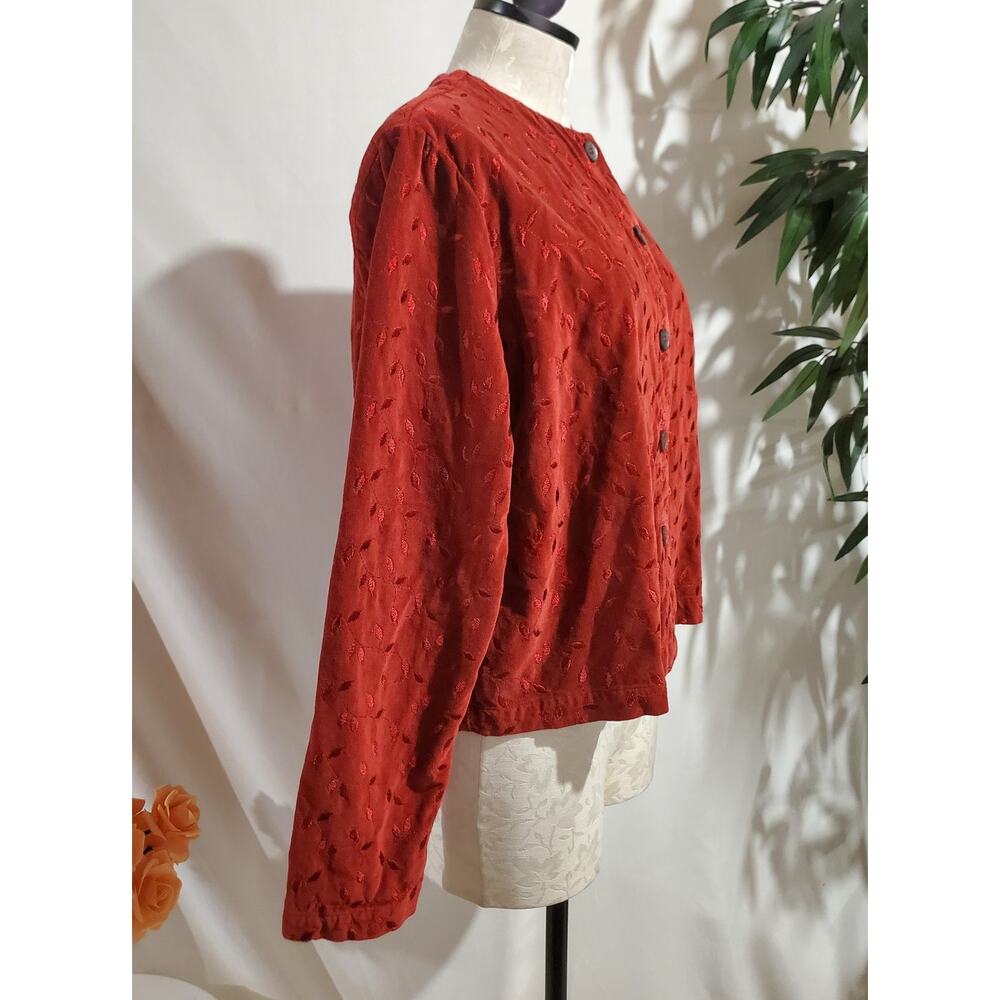 Vtg Cut Loose Embroidered Leaf Velour Button Jacket Size M Red Whimsy Boho 90s - Picture 4 of 11